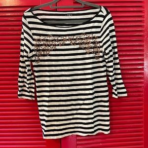 LOFT Striped Sequin Tee 3/4 sleeves stretch black white gold casual S SM small